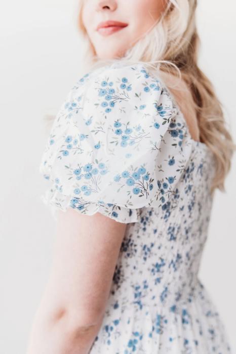 Ella Midi Blue Women Smocked Bodice Floral Dress