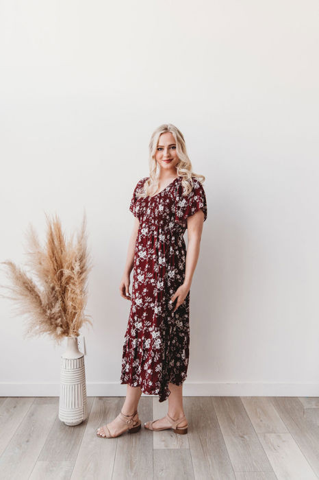 Laurel Floral Burgundy Rayon Midi Dress