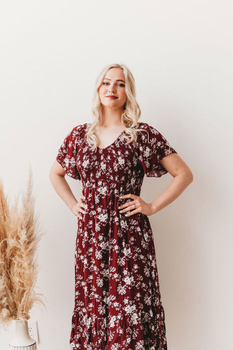 Laurel Floral Burgundy Rayon Midi Dress