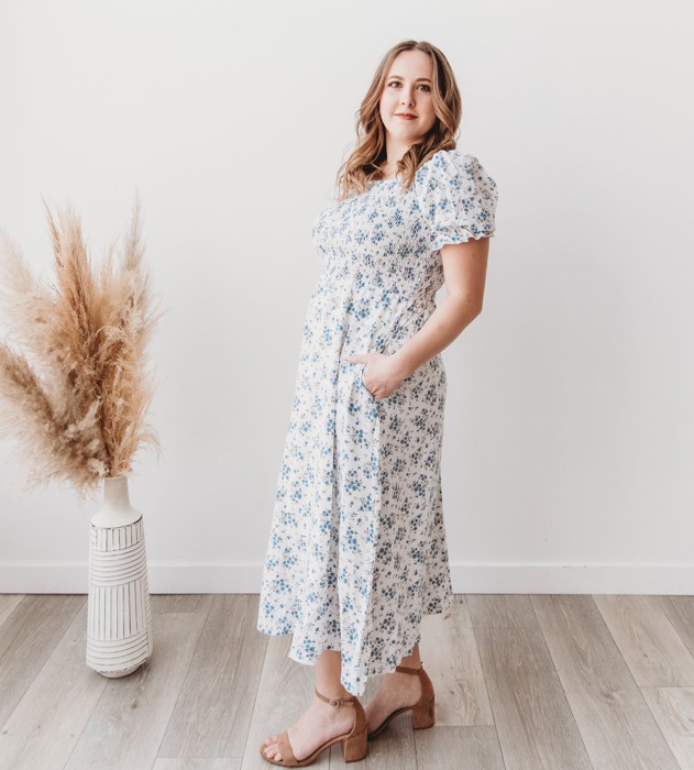 Ella Midi Blue Women Smocked Bodice Floral Dress
