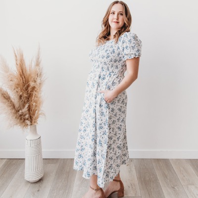 Ella Midi Blue Women Smocked Bodice Floral Dress