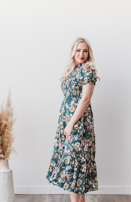 Mira Smocked Floral Midi  Rayon Green Dress