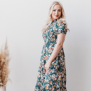  Mira Smocked Floral Midi  Rayon Green Dress