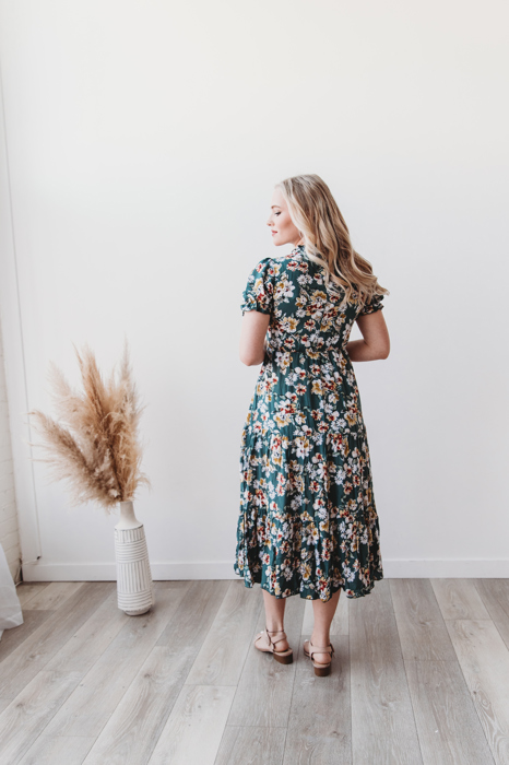 Mira Smocked Floral Midi  Rayon Green Dress