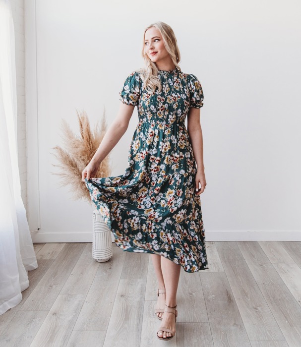 Mira Smocked Floral Midi  Rayon Green Dress