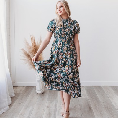 Mira Smocked Floral Midi  Rayon Green Dress