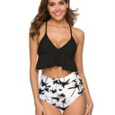Black/White Small RUFFLE HIGH WAISTED V-NECK  BIKINI SWIMSUIT
