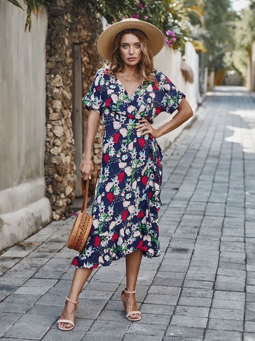 KNEE LENGTH RUFFLE WOMEN WRAP DRESS CLEARANCE