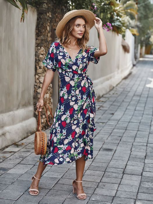 KNEE LENGTH RUFFLE WOMEN WRAP DRESS CLEARANCE