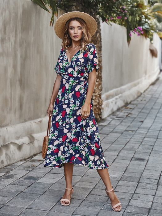 KNEE LENGTH RUFFLE WOMEN WRAP DRESS CLEARANCE