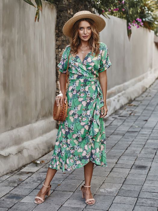 KNEE LENGTH RUFFLE WOMEN WRAP DRESS CLEARANCE