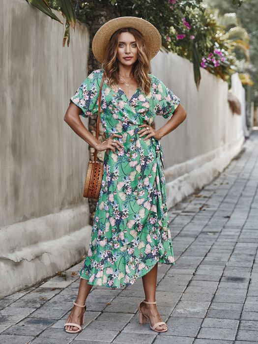 KNEE LENGTH RUFFLE WOMEN WRAP DRESS CLEARANCE
