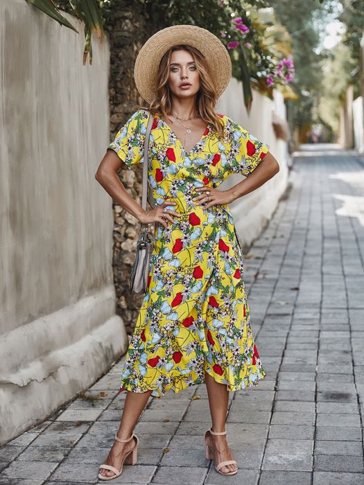 KNEE LENGTH RUFFLE WOMEN WRAP DRESS CLEARANCE