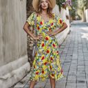 Yellow Small KNEE LENGTH RUFFLE WOMEN WRAP DRESS CLEARANCE