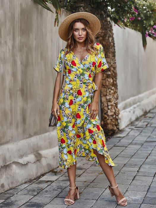 KNEE LENGTH RUFFLE WOMEN WRAP DRESS CLEARANCE