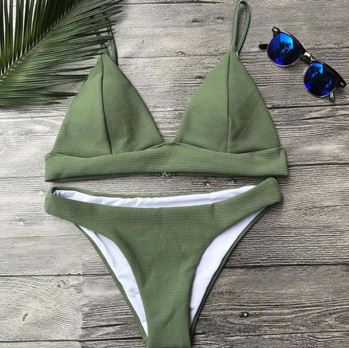 Olive Ribbed Triangle Bikini Set Swimsuit