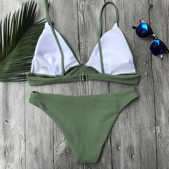 Olive Ribbed Triangle Bikini Set Swimsuit