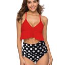 Red Small RUFFLE HIGH WAISTED V-NECK  BIKINI SWIMSUIT