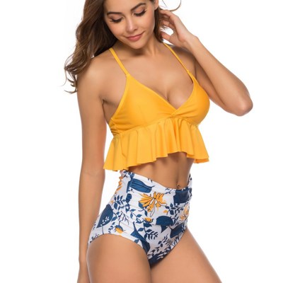 RUFFLE HIGH WAISTED V-NECK  BIKINI SWIMSUIT