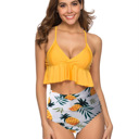  RUFFLE HIGH WAISTED V-NECK  BIKINI SWIMSUIT