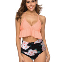 Salmon Small RUFFLE HIGH WAISTED V-NECK  BIKINI SWIMSUIT