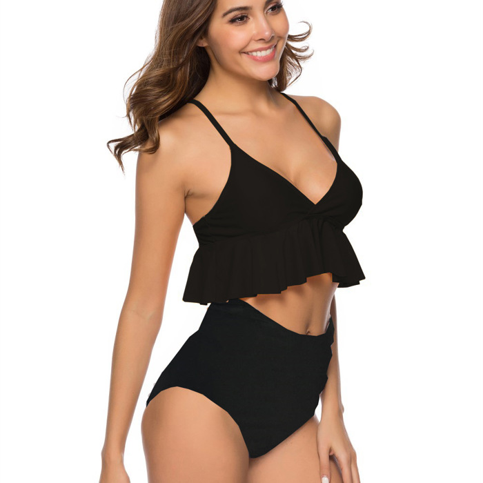 RUFFLE HIGH WAISTED V-NECK  BIKINI SWIMSUIT