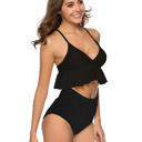 Black Small RUFFLE HIGH WAISTED V-NECK  BIKINI SWIMSUIT