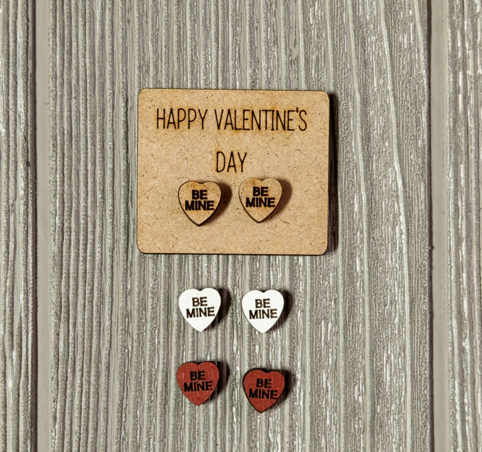 Valentine Conversation Heart Earrings with Wood Card - BE MINE