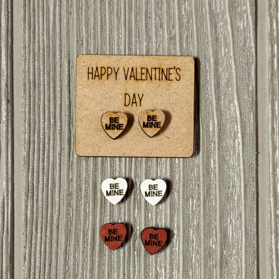 Valentine Conversation Heart Earrings with Wood Card - BE MINE