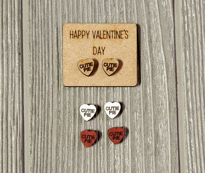 Valentine Conversation Heart Earrings with Wood Card - CUTIE PIE