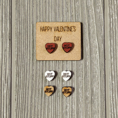 Valentine Conversation Heart Earrings with Wood Card - HOT STUFF