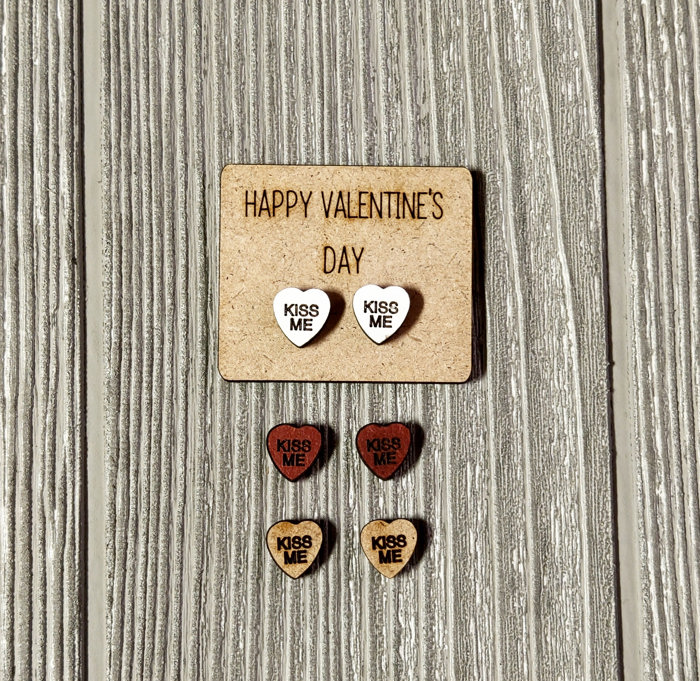 Valentine Conversation Heart Earrings with Wood Card - KISS ME