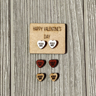 Valentine Conversation Heart Earrings with Wood Card - KISS ME