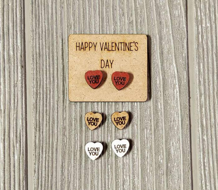 Valentine Conversation Heart Earrings with Wood Card - LOVE YOU