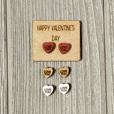 Valentine Conversation Heart Earrings with Wood Card - LOVE YOU