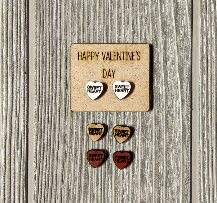 Valentine Conversation Heart Earrings with Wood Card - SWEETHEART