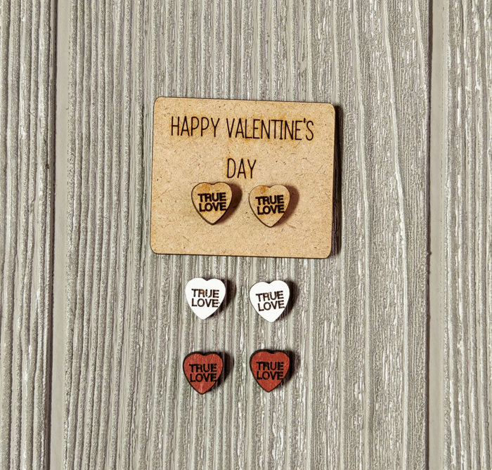 Valentine Conversation Heart Earrings with Wood Card - TRUE LOVE