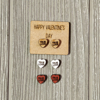 Valentine Conversation Heart Earrings with Wood Card - TRUE LOVE