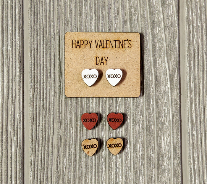 Valentine Conversation Heart Earrings with Wood Card - XOXO