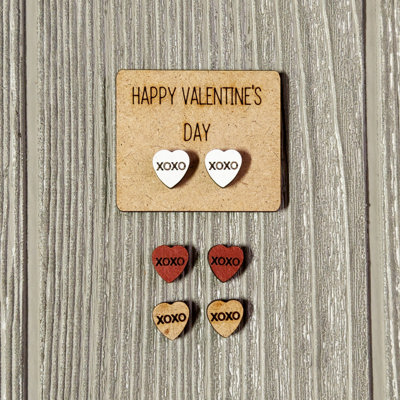 Valentine Conversation Heart Earrings with Wood Card - XOXO