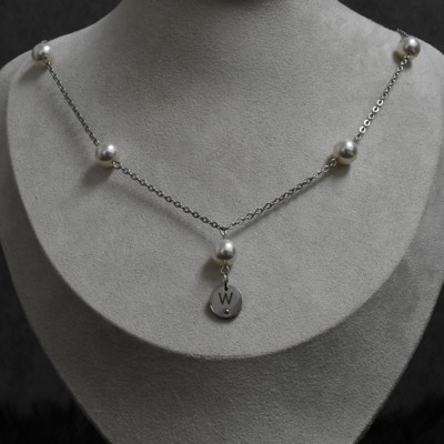 Custom Stainless Steel Handcrafted Initial Pearl Adjustable Necklace | Made with Swarovski Pearls | Engraved Initial Pendant 