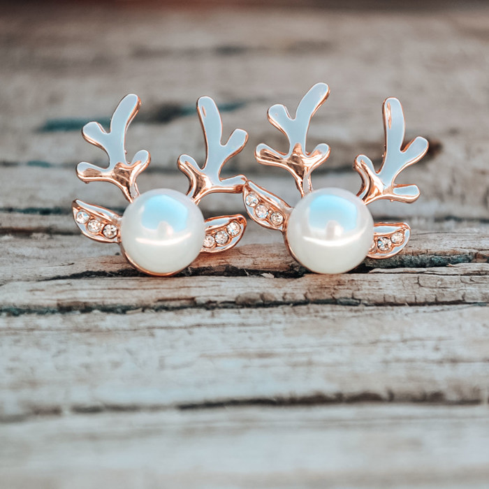 Christmas Earrings, Pearl Reindeer Studs, Pearl Earrings, Silver Earrings, Gold Earrings, Minimalist Holiday Earrings, Festive Earring