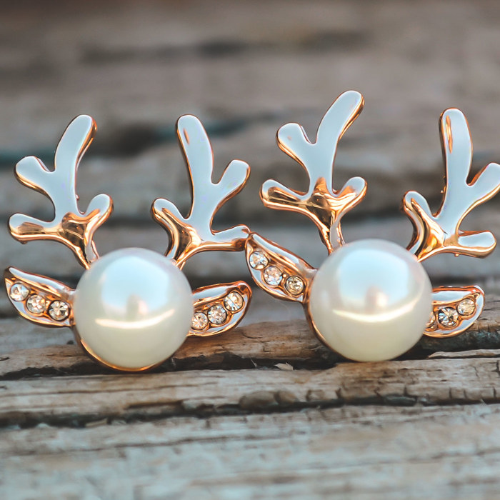 Christmas Earrings, Pearl Reindeer Studs, Pearl Earrings, Silver Earrings, Gold Earrings, Minimalist Holiday Earrings, Festive Earring