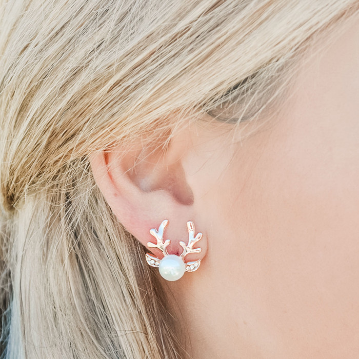 Christmas Earrings, Pearl Reindeer Studs, Pearl Earrings, Silver Earrings, Gold Earrings, Minimalist Holiday Earrings, Festive Earring