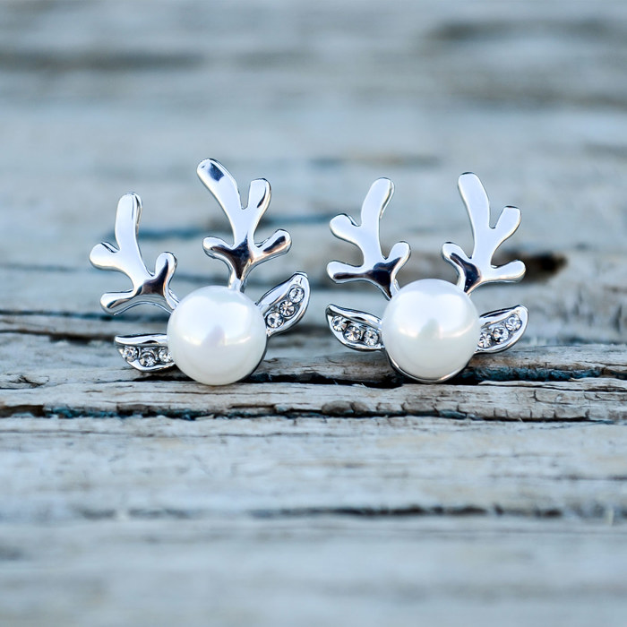 Christmas Earrings, Pearl Reindeer Studs, Pearl Earrings, Silver Earrings, Gold Earrings, Minimalist Holiday Earrings, Festive Earring