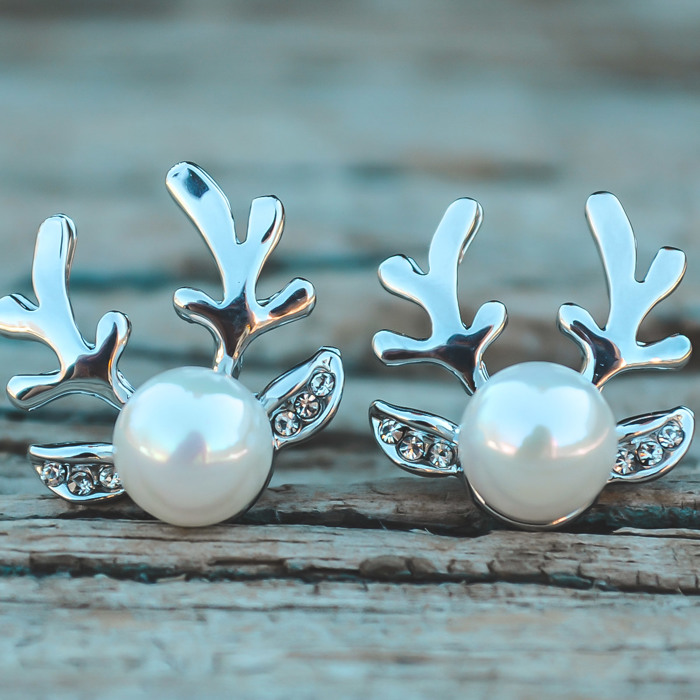Christmas Earrings, Pearl Reindeer Studs, Pearl Earrings, Silver Earrings, Gold Earrings, Minimalist Holiday Earrings, Festive Earring