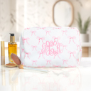 Pink Bows Personalized Makeup Bags, Oversized Cosmetic Bag, Monogram Makeup Organizer, Custom Toiletry Bag