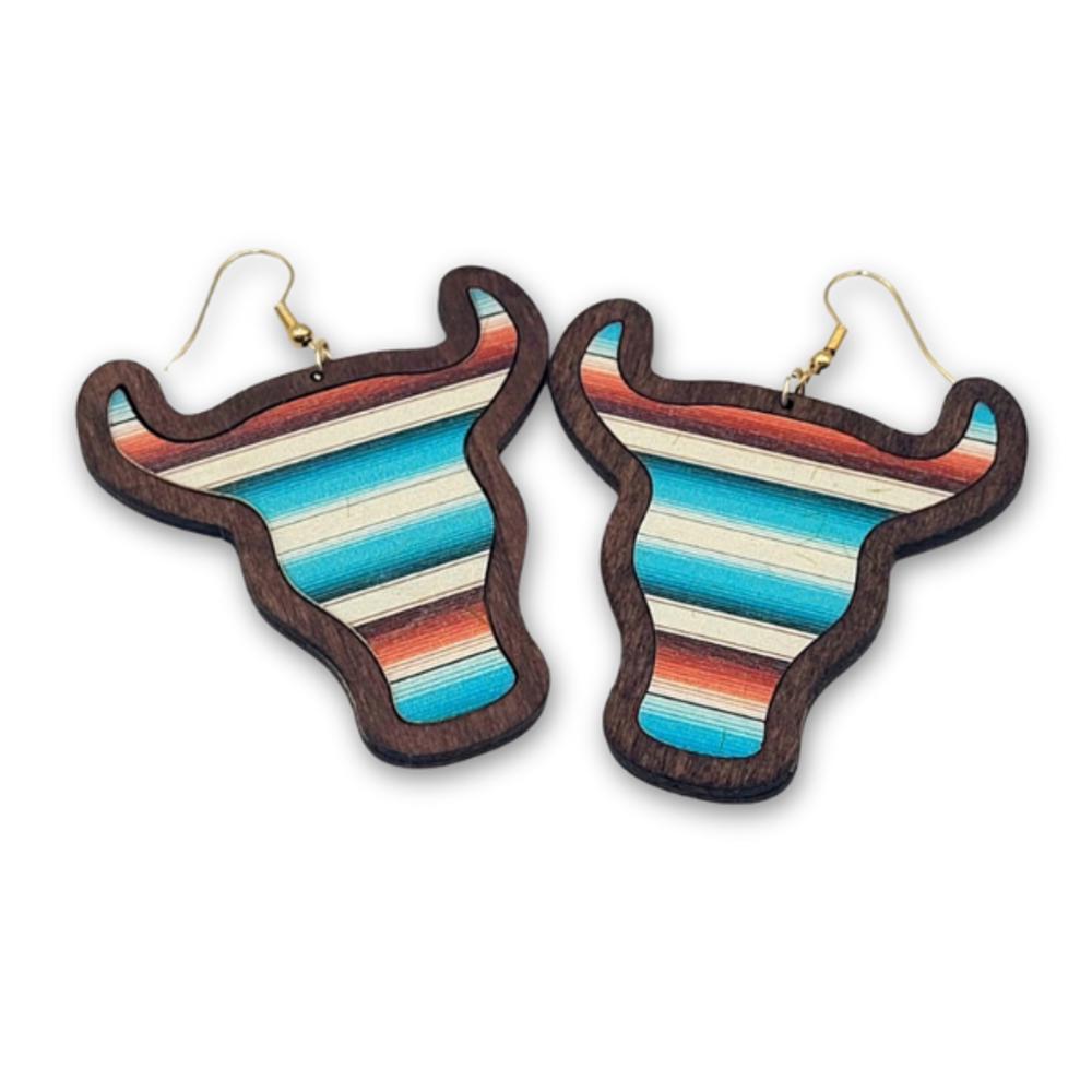 Striped Wooden Cow Print Western  Earring 