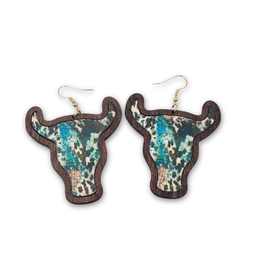 Teal Cow Western Wooden Earrings