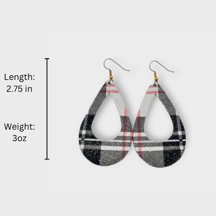  Black and White Plaid Teardrop Genuine Leather Earring Metal Hook